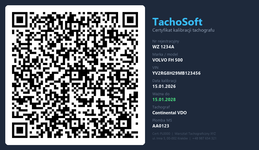 Przykładowy certyfikat kalibracji z kodem QR — dane fikcyjne (TachoSoft)