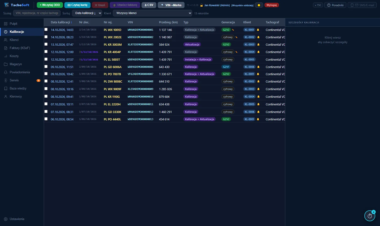 Lista kalibracji w TachoSoft (dane demonstracyjne)