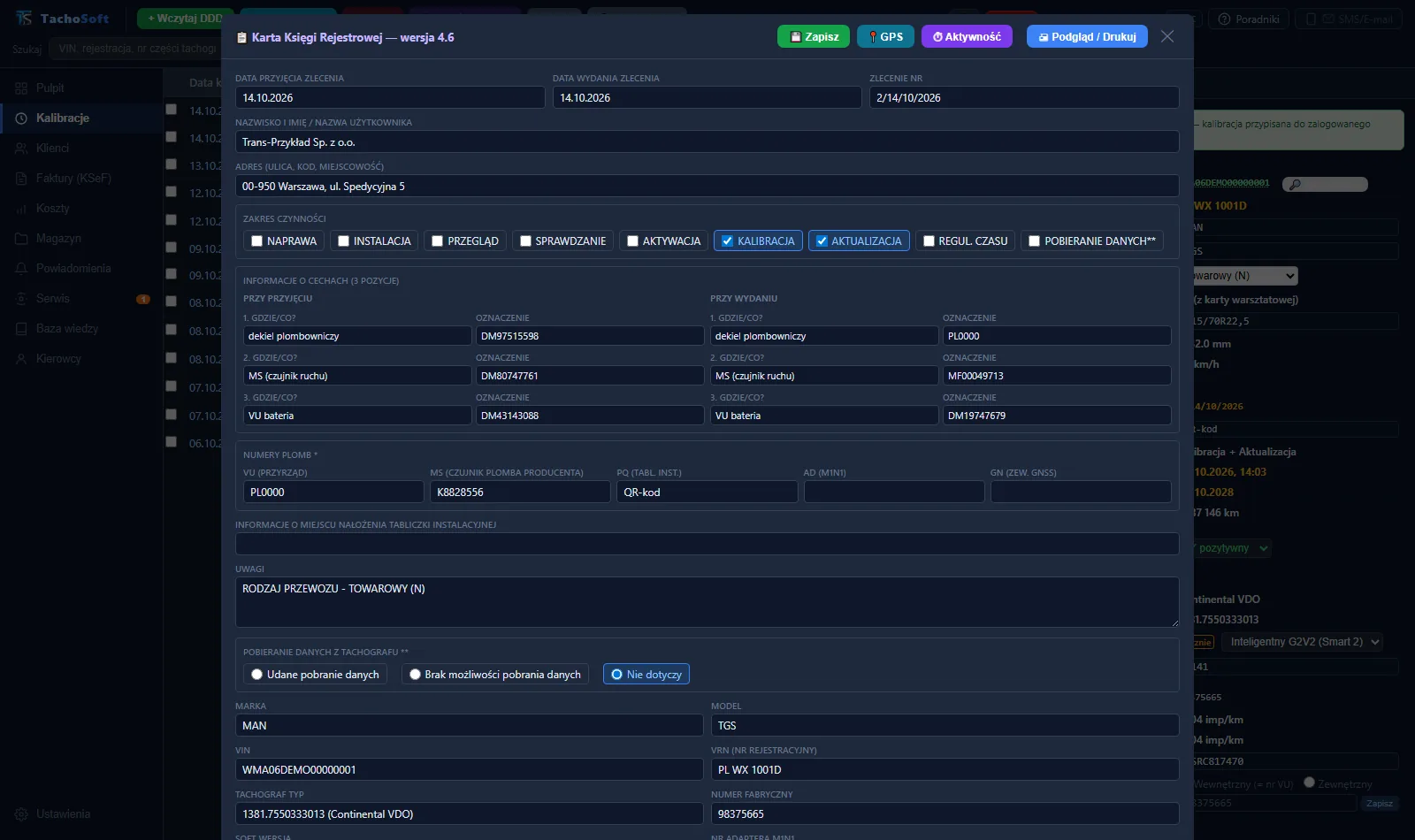 Karta księgi rejestrowej wypełniona danymi z karty warsztatowej w TachoSoft (dane demonstracyjne)