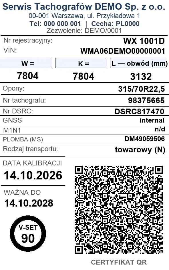 Wklejka kalibracyjna 50×80 z kodem QR certyfikatu — dane demonstracyjne