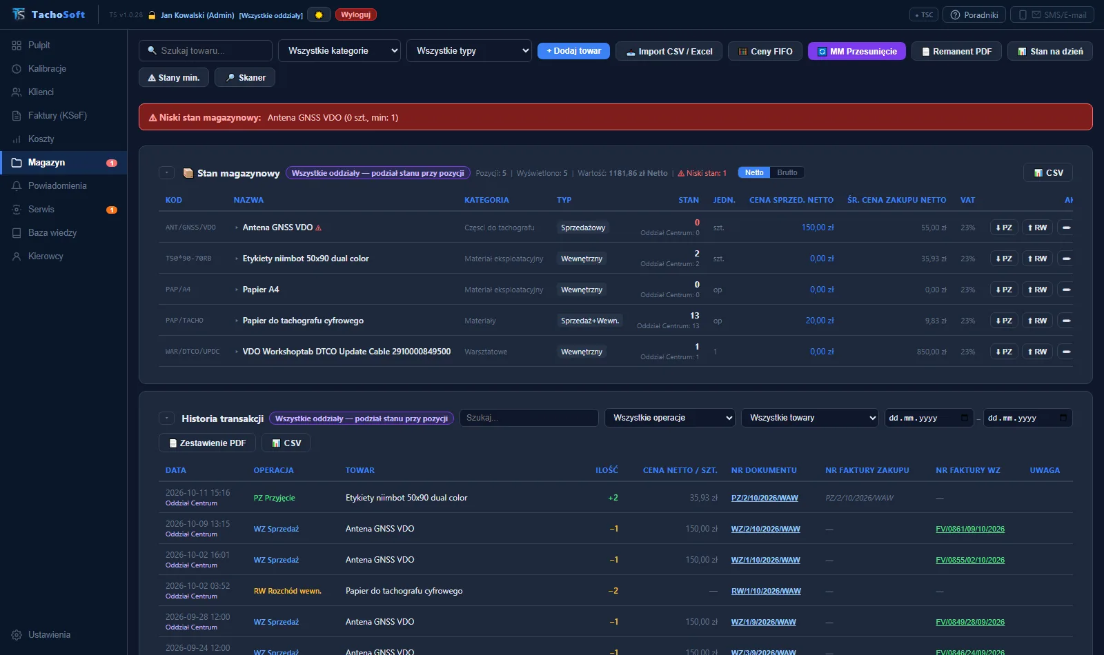 Magazyn TachoSoft: stan magazynowy, ceny FIFO, historia transakcji PZ, WZ, RW (dane demonstracyjne)