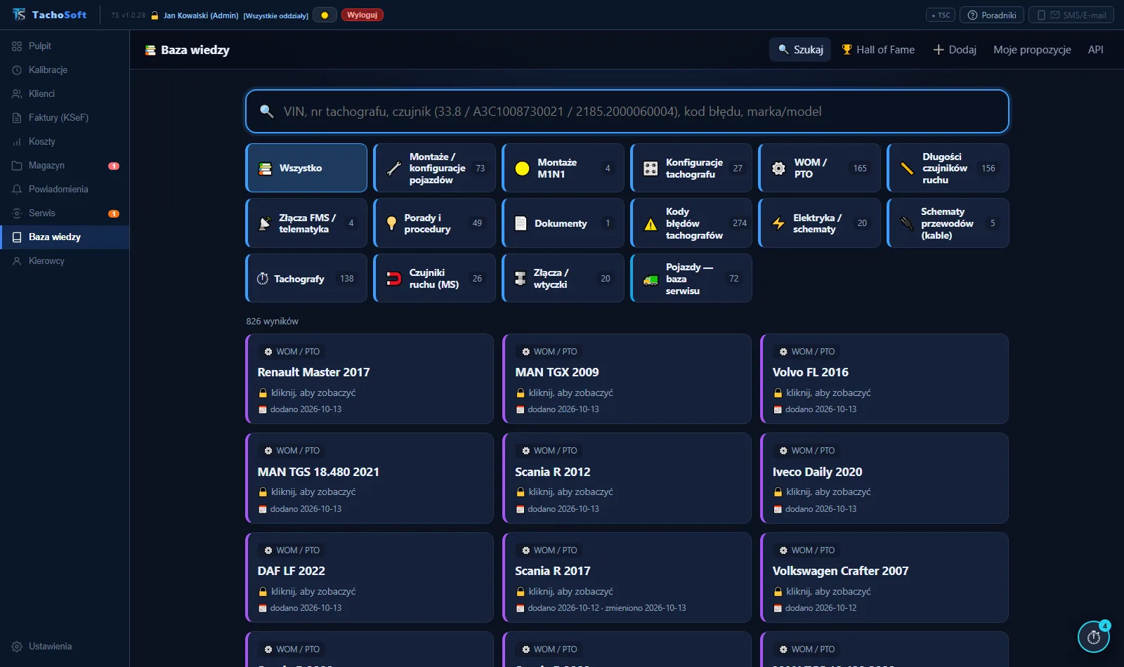 Baza wiedzy TachoSoft — kategorie: montaże, konfiguracje tachografu, WOM/PTO, czujniki, kody błędów, schematy (dane demonstracyjne)
