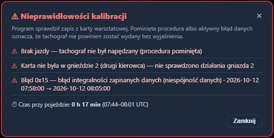 TachoSoft — lista nieprawidłowości kalibracji wykrytych z karty warsztatowej (dane demonstracyjne)