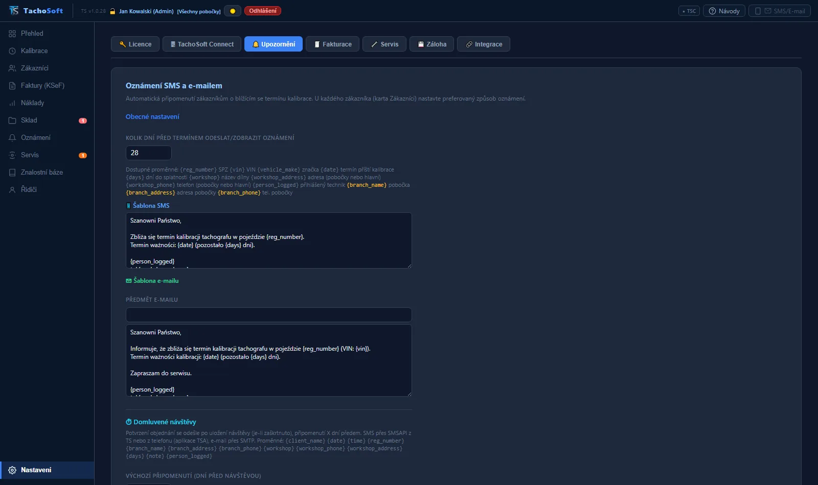 Nastavení šablon upozornění SMS a e-mail v TachoSoft (ukázková data)
