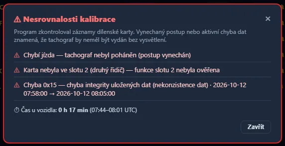 TachoSoft — seznam nesrovnalostí kalibrace zjištěných z karty dílny (ukázková data)