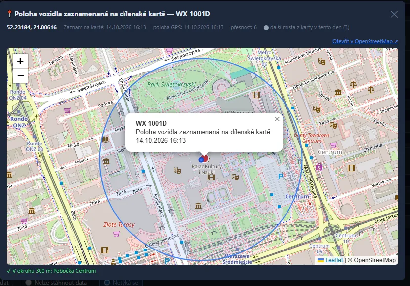Poloha vozidla z karty dílny na mapě a okruh 300 m kolem pobočky (ukázková data)