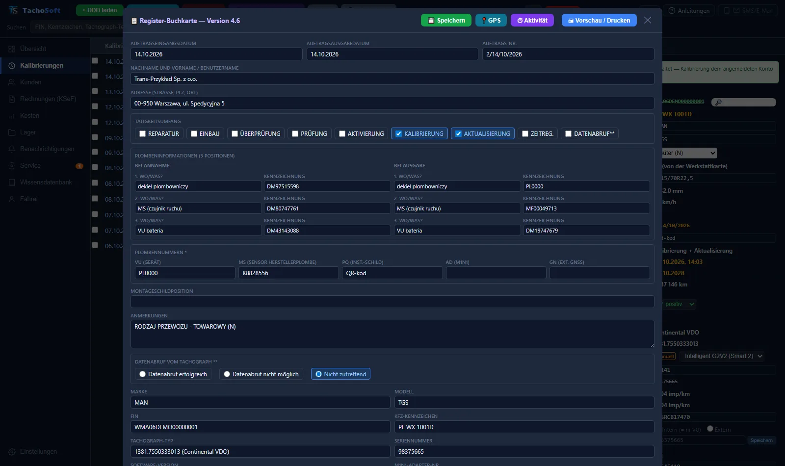 Prüfprotokoll, ausgefüllt mit Daten von der Werkstattkarte in TachoSoft (Demodaten)