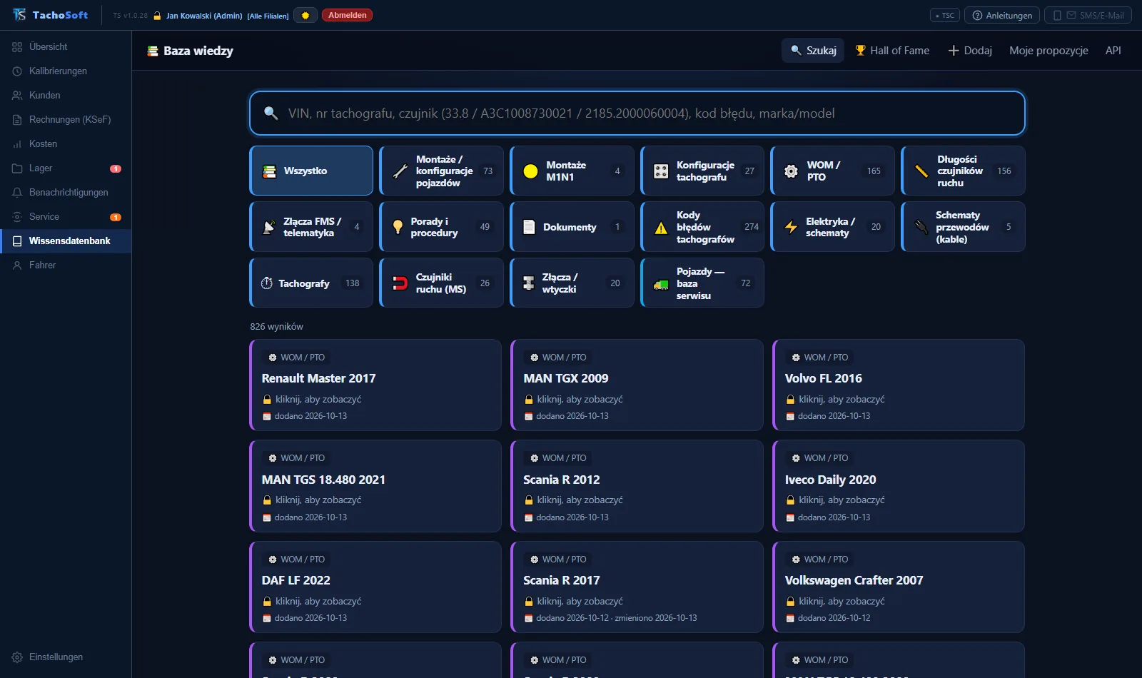 TachoSoft-Wissensdatenbank — Kategorien: Einbauten, Tachographenkonfiguration, Nebenantriebe (PTO), Geber, Fehlercodes, Pläne (Demodaten)
