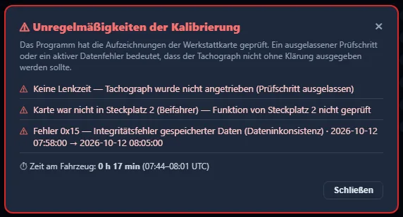 TachoSoft — Liste der anhand der Werkstattkarte erkannten Unregelmäßigkeiten der Kalibrierung (Demodaten)