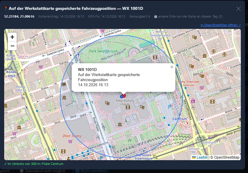 Fahrzeugposition von der Werkstattkarte auf der Karte mit 300-m-Radius um die Niederlassung (Demodaten)