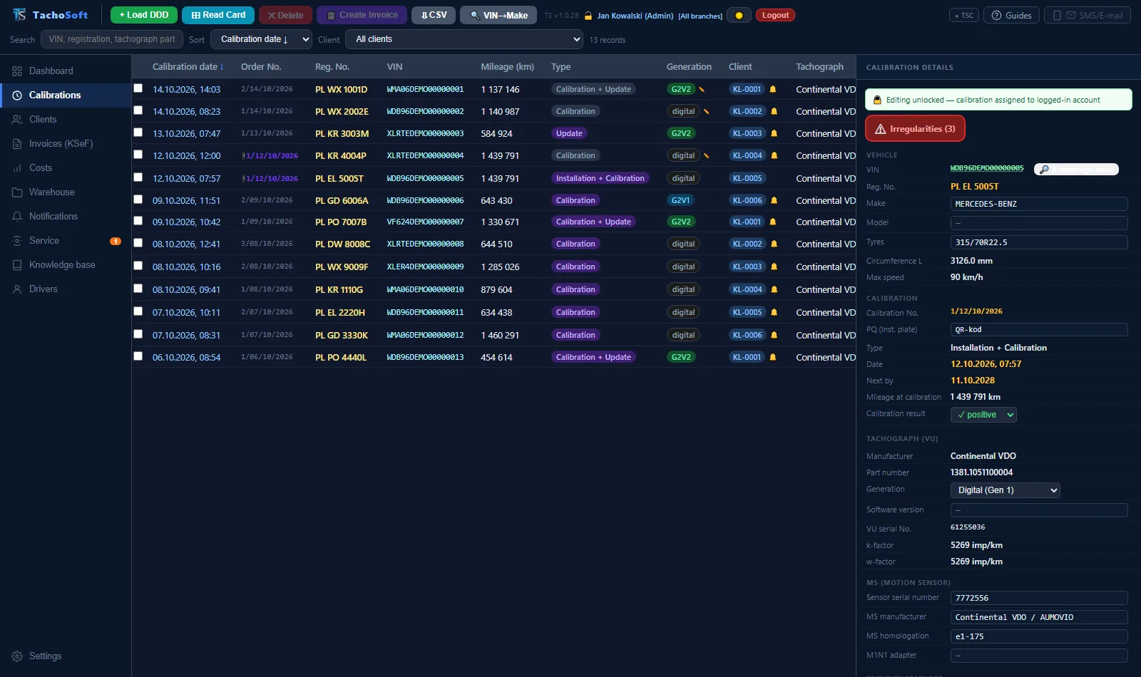 Calibration list and calibration details with a red irregularities flag in TachoSoft (demo data)