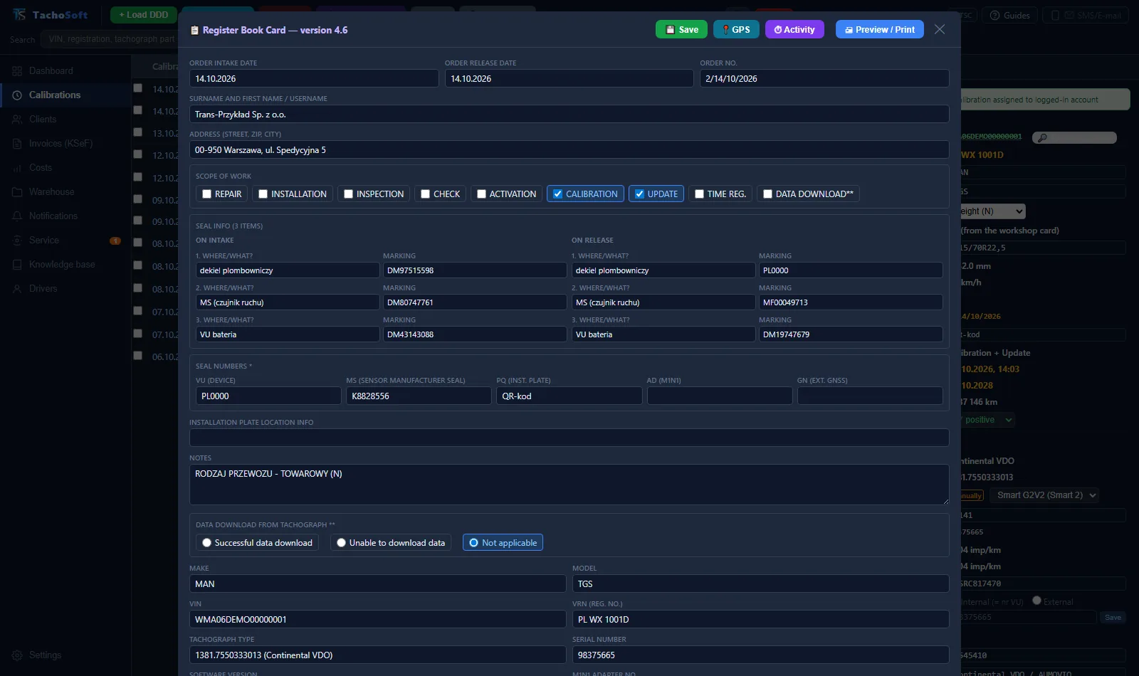 Calibration register record filled in with data from the workshop card in TachoSoft (demo data)