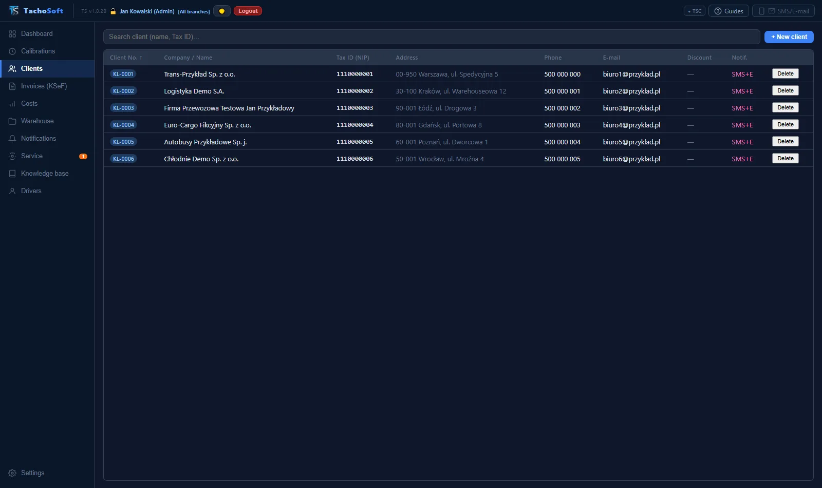 Customer records in TachoSoft (demo data)
