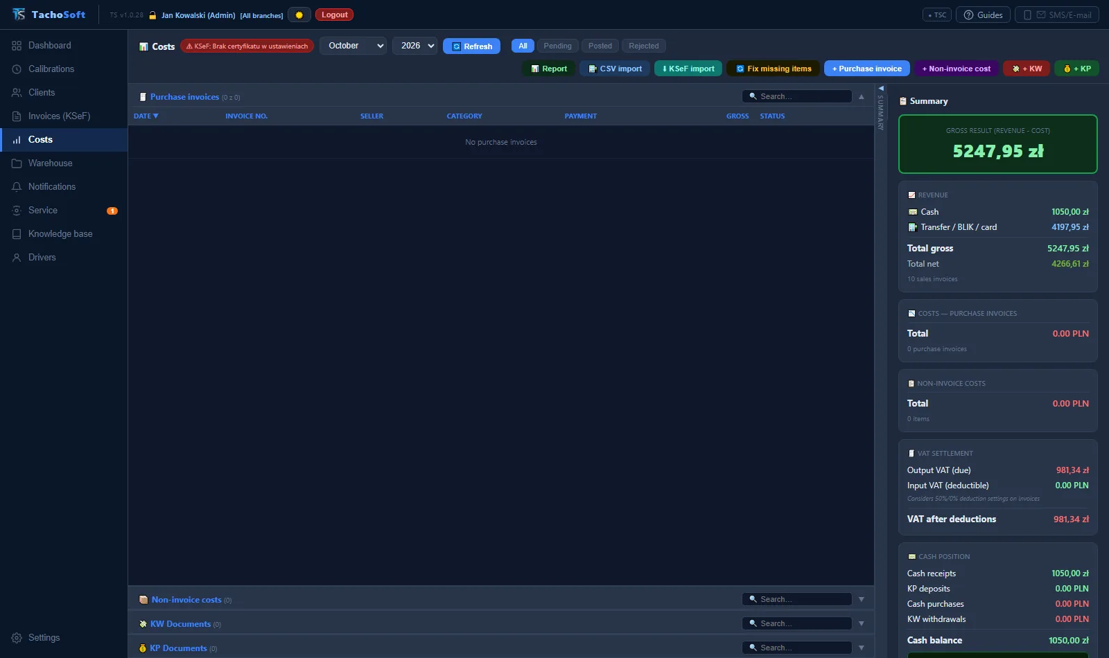 Costs module: revenue summary, VAT, cash balance in TachoSoft (demo data)