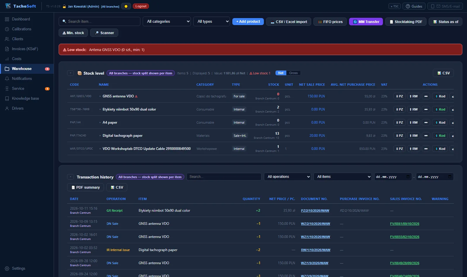 TachoSoft warehouse: stock levels, FIFO pricing, PZ, WZ, RW transaction history (demo data)