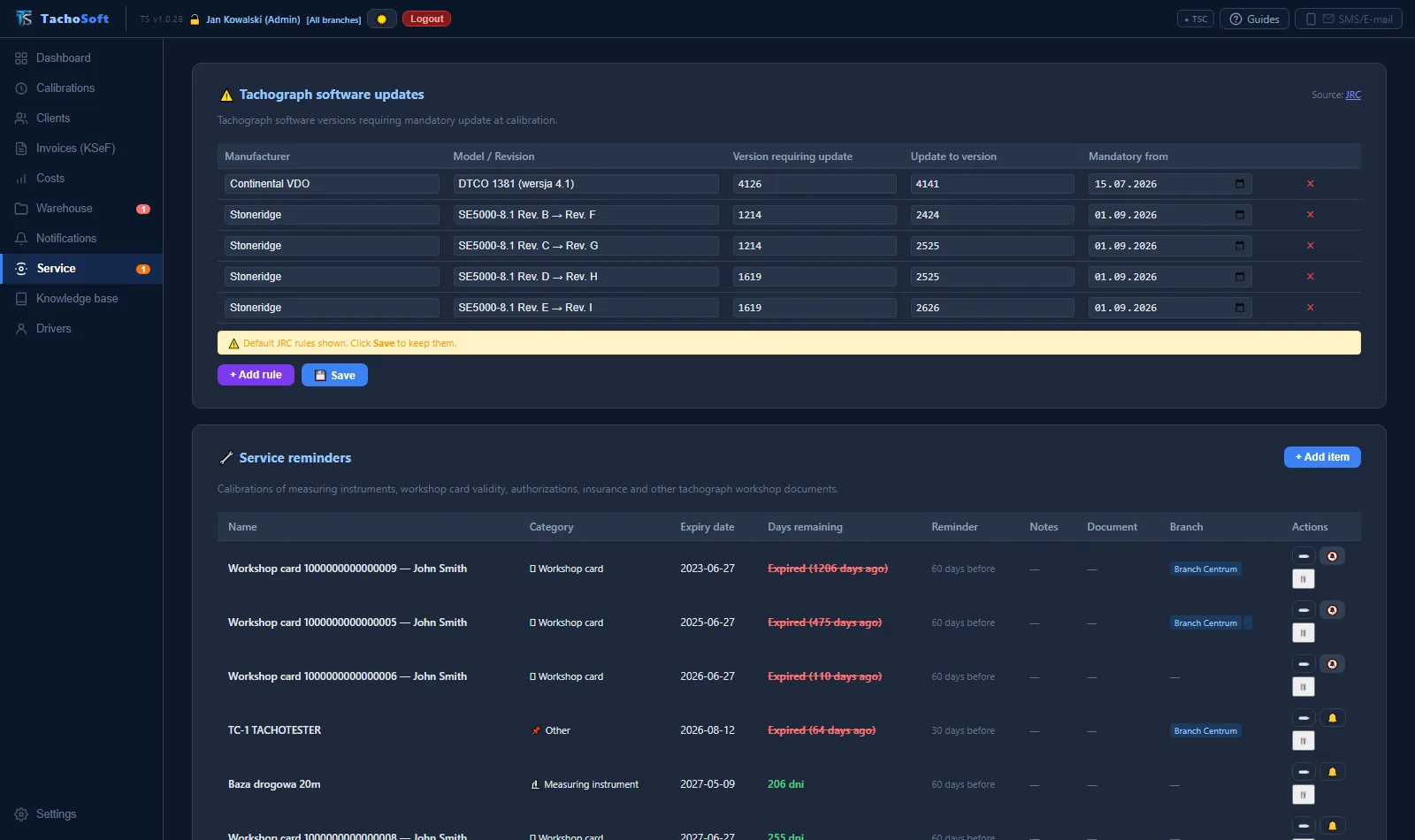 Workshop: tachograph software updates and workshop reminders in TachoSoft (demo data)