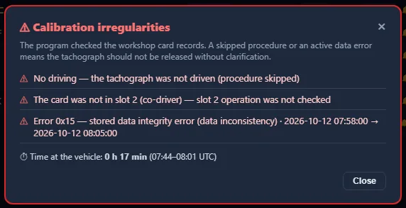 TachoSoft — list of calibration irregularities detected from the workshop card (demo data)