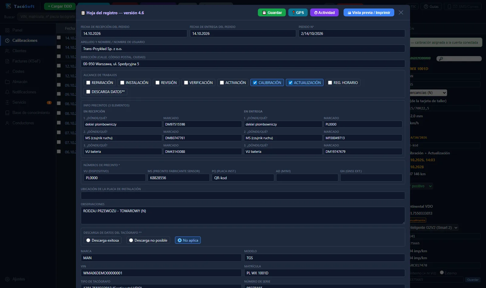 Ficha del registro de calibraciones rellenada con los datos de la tarjeta de taller en TachoSoft (datos de demostración)