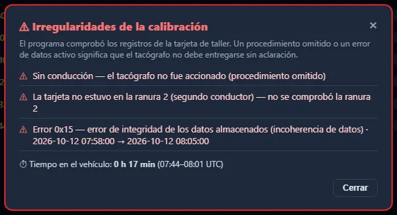 TachoSoft — lista de irregularidades de calibración detectadas en la tarjeta de taller (datos de demostración)