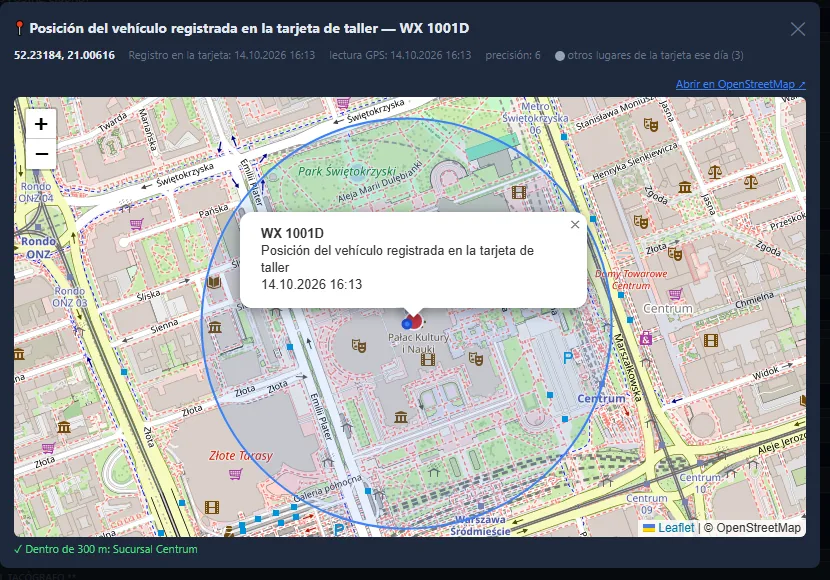 Posición del vehículo según la tarjeta de taller en el mapa y radio de 300 m alrededor de la sucursal (datos de demostración)