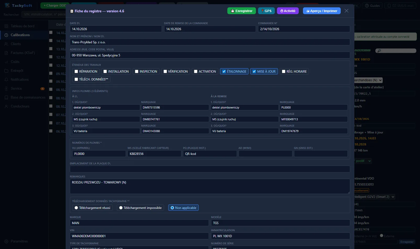 Fiche du registre d'étalonnage remplie avec les données de la carte atelier dans TachoSoft (données de démonstration)