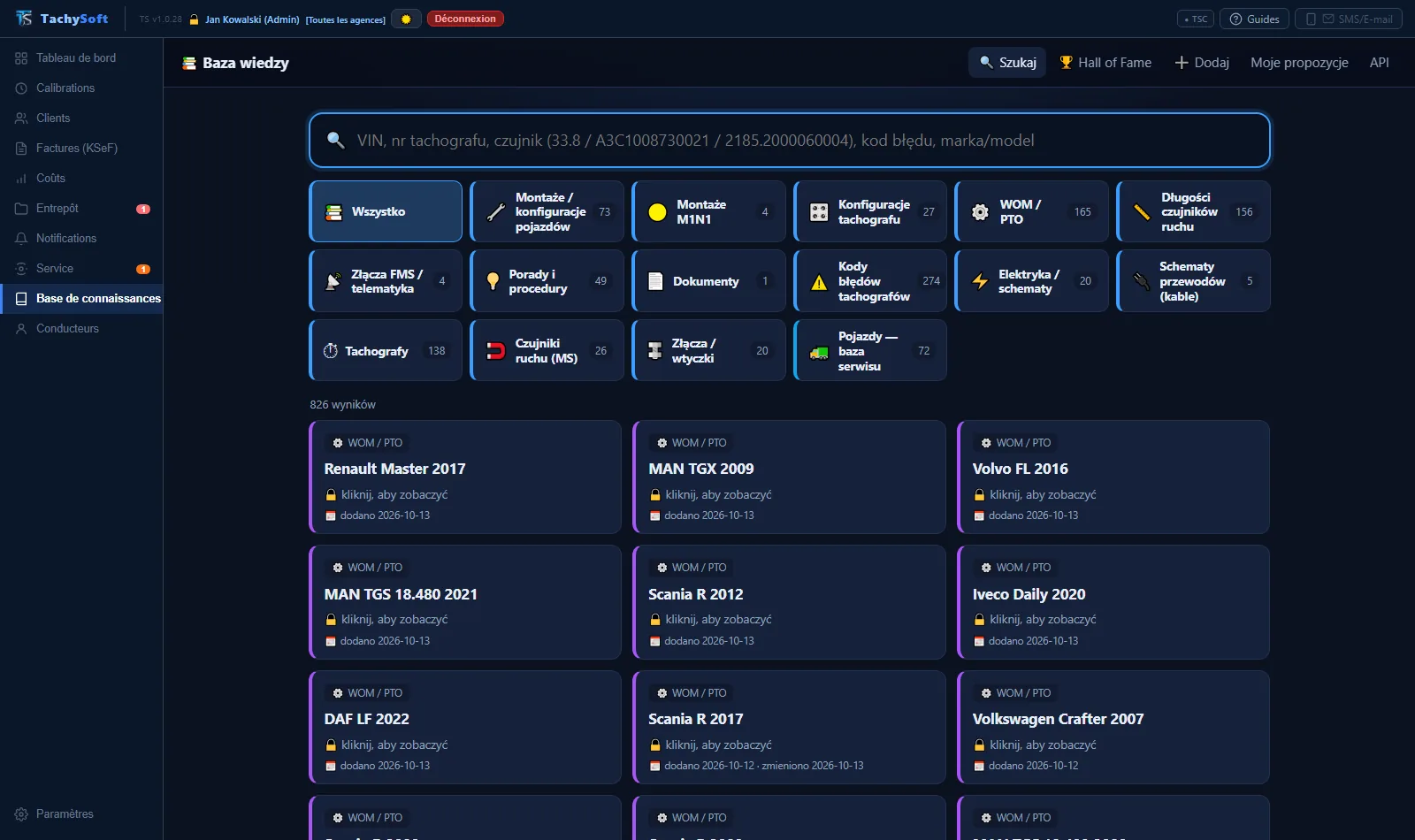 Base de connaissances TachoSoft — catégories : installations, configurations du tachygraphe, prise de force (PTO), capteurs, codes d'erreur, schémas (données de démonstration)