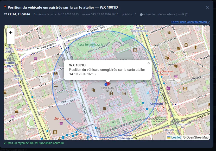 Position du véhicule issue de la carte atelier sur la carte et rayon de 300 m autour de l'agence (données de démonstration)