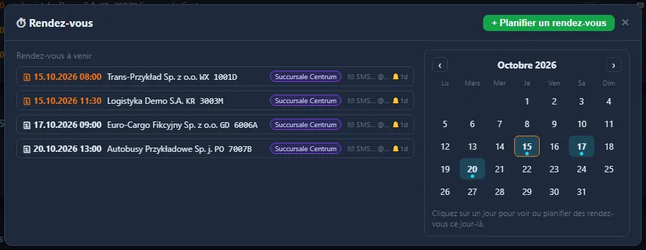 Calendrier des rendez-vous planifiés avec notifications SMS et e-mail dans TachoSoft (données de démonstration)
