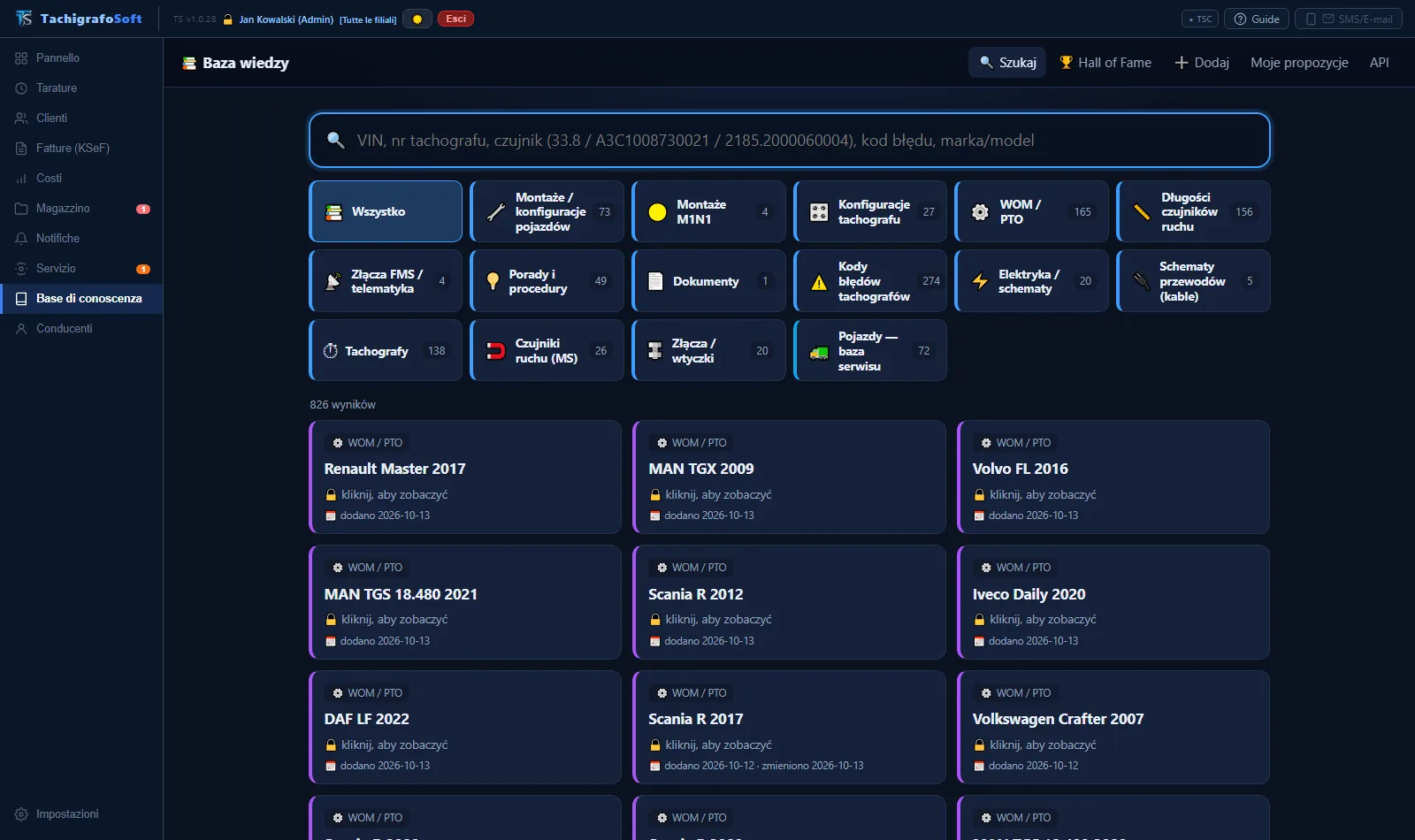 Base di conoscenza TachoSoft — categorie: installazioni, configurazioni del tachigrafo, presa di forza (PTO), sensori, codici di errore, schemi (dati dimostrativi)