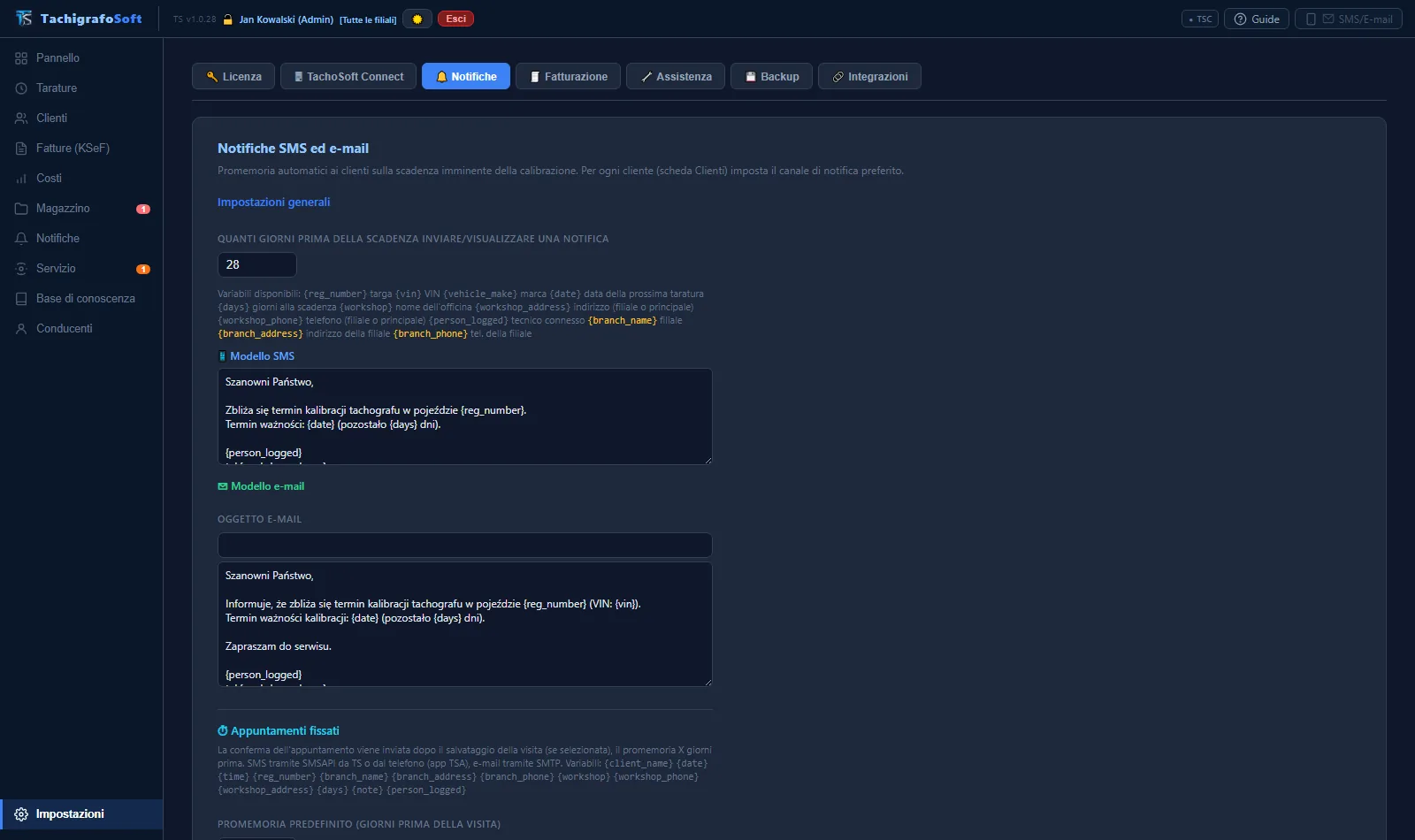 Impostazioni dei modelli di notifica SMS ed e-mail in TachoSoft (dati dimostrativi)