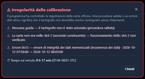 TachoSoft — elenco delle irregolarità di taratura rilevate dalla carta dell'officina (dati dimostrativi)