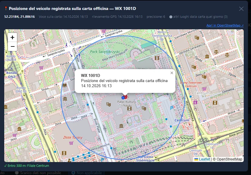 Posizione del veicolo dalla carta dell'officina sulla mappa e raggio di 300 m intorno alla filiale (dati dimostrativi)