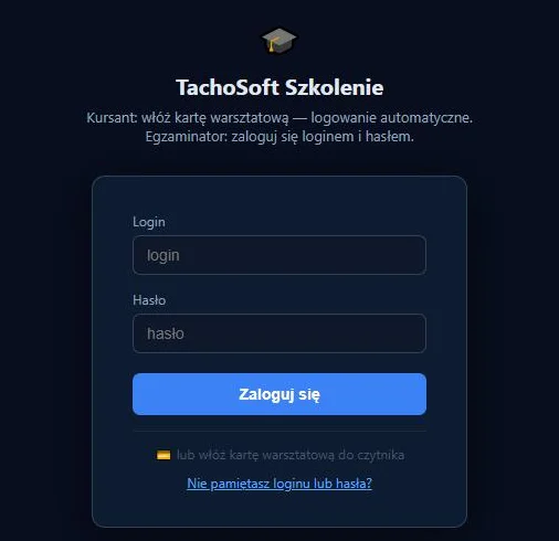 Ekran logowania: kursant — karta warsztatowa, egzaminator — login i hasło.