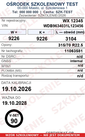 Wklejka szkoleniowa ze znakiem wodnym „SZKOLENIE” i danymi testowymi ośrodka.